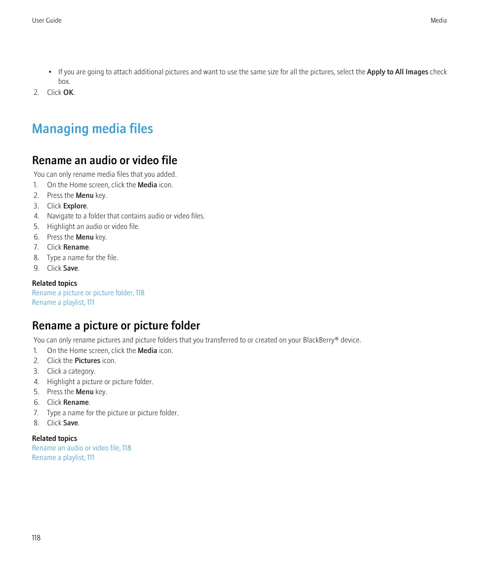 Managing media files, Rename an audio or video file, Rename a picture or picture folder | Blackberry Bold 9700 User Manual | Page 120 / 332