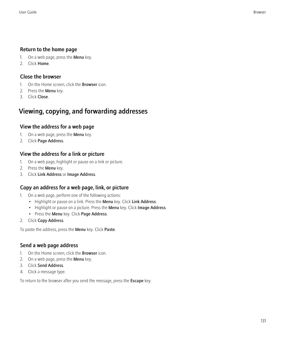 Viewing, copying, and forwarding addresses | Blackberry Bold 9700 User Manual | Page 133 / 332