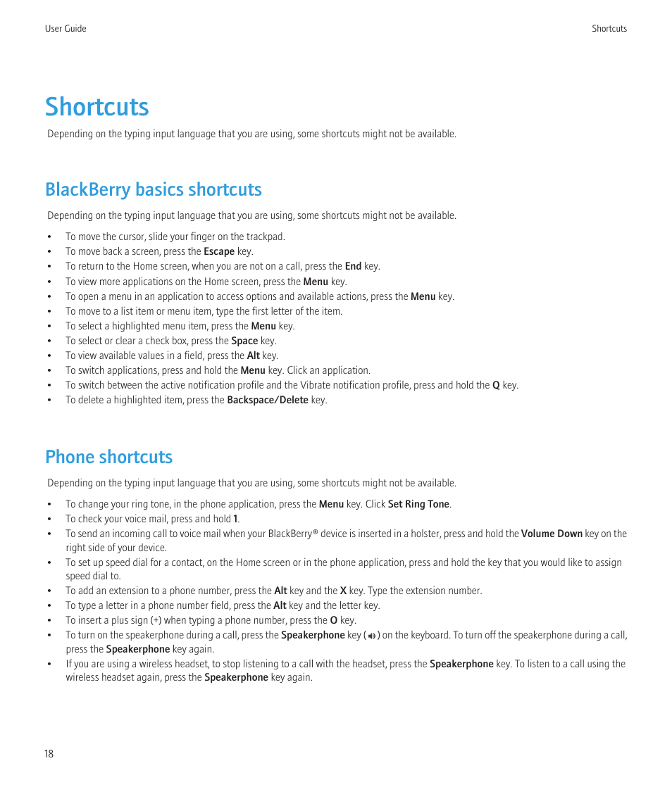 Shortcuts, Blackberry basics shortcuts, Phone shortcuts | Blackberry Bold 9700 User Manual | Page 20 / 332
