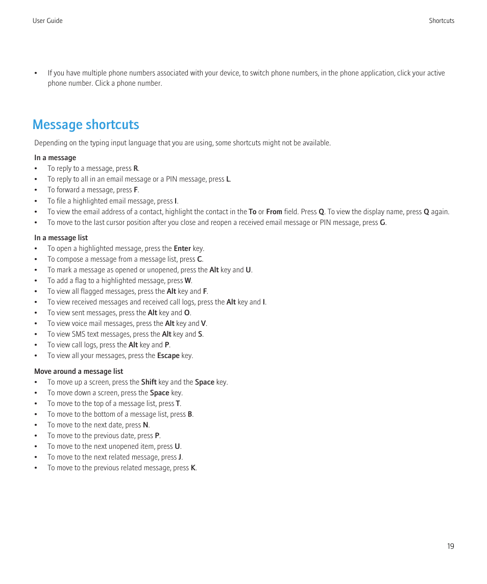 Message shortcuts | Blackberry Bold 9700 User Manual | Page 21 / 332