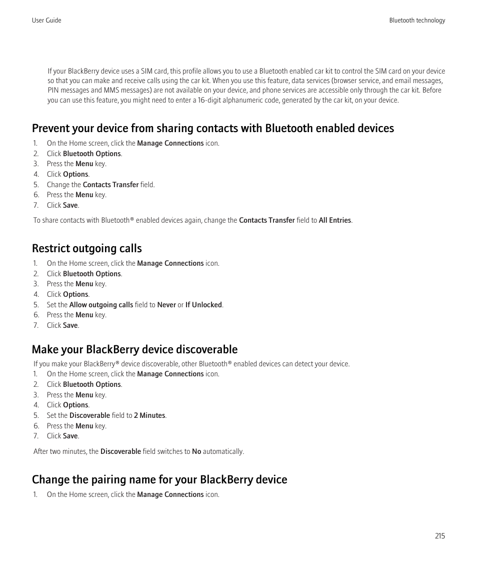 Restrict outgoing calls, Make your blackberry device discoverable, Change the pairing name for your blackberry device | Blackberry Bold 9700 User Manual | Page 217 / 332