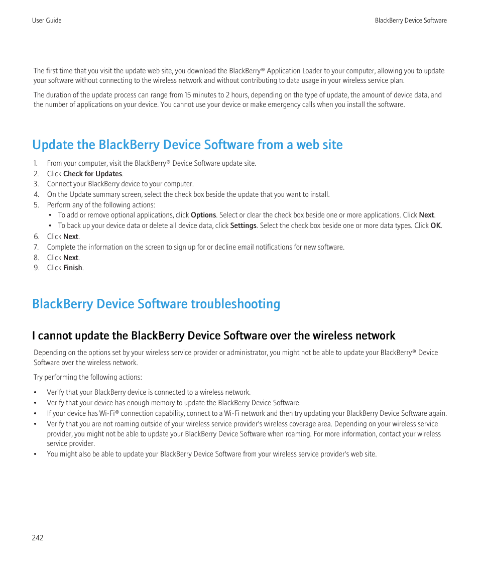 Blackberry device software troubleshooting | Blackberry Bold 9700 User Manual | Page 244 / 332