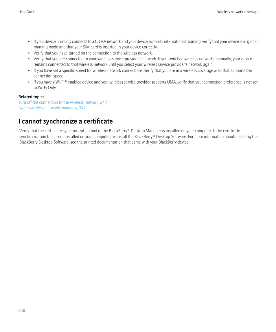 I cannot synchronize a certificate | Blackberry Bold 9700 User Manual | Page 252 / 332
