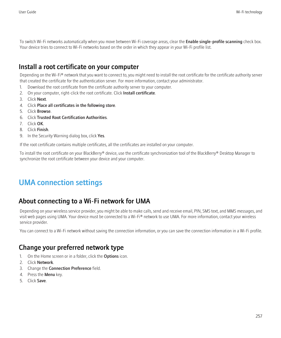 Uma connection settings, Install a root certificate on your computer, About connecting to a wi-fi network for uma | Change your preferred network type | Blackberry Bold 9700 User Manual | Page 259 / 332