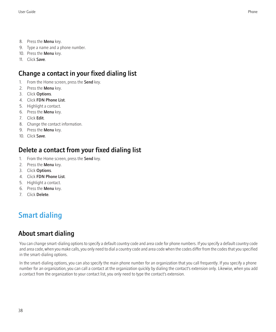 Smart dialing, Change a contact in your fixed dialing list, Delete a contact from your fixed dialing list | About smart dialing | Blackberry Bold 9700 User Manual | Page 40 / 332