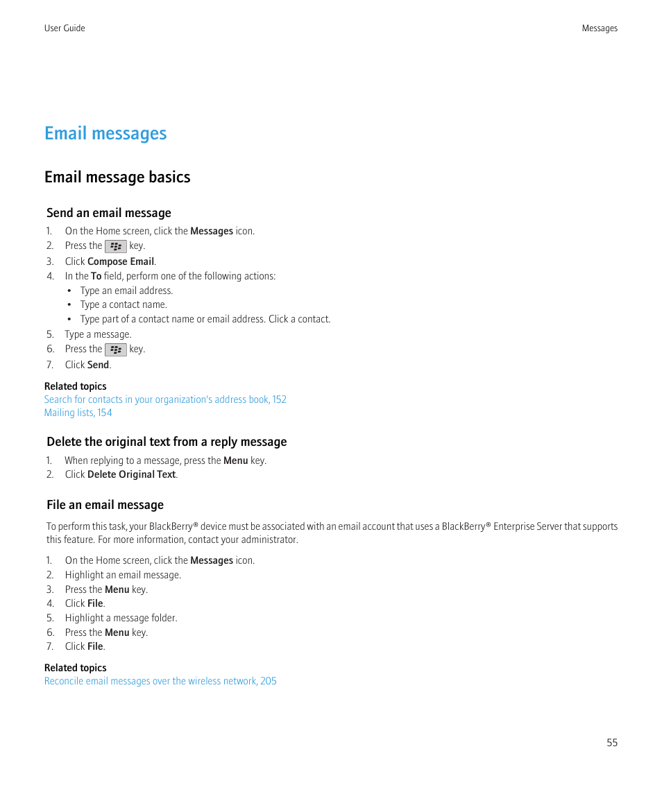 Email messages, Email message basics | Blackberry Bold 9700 User Manual | Page 57 / 332