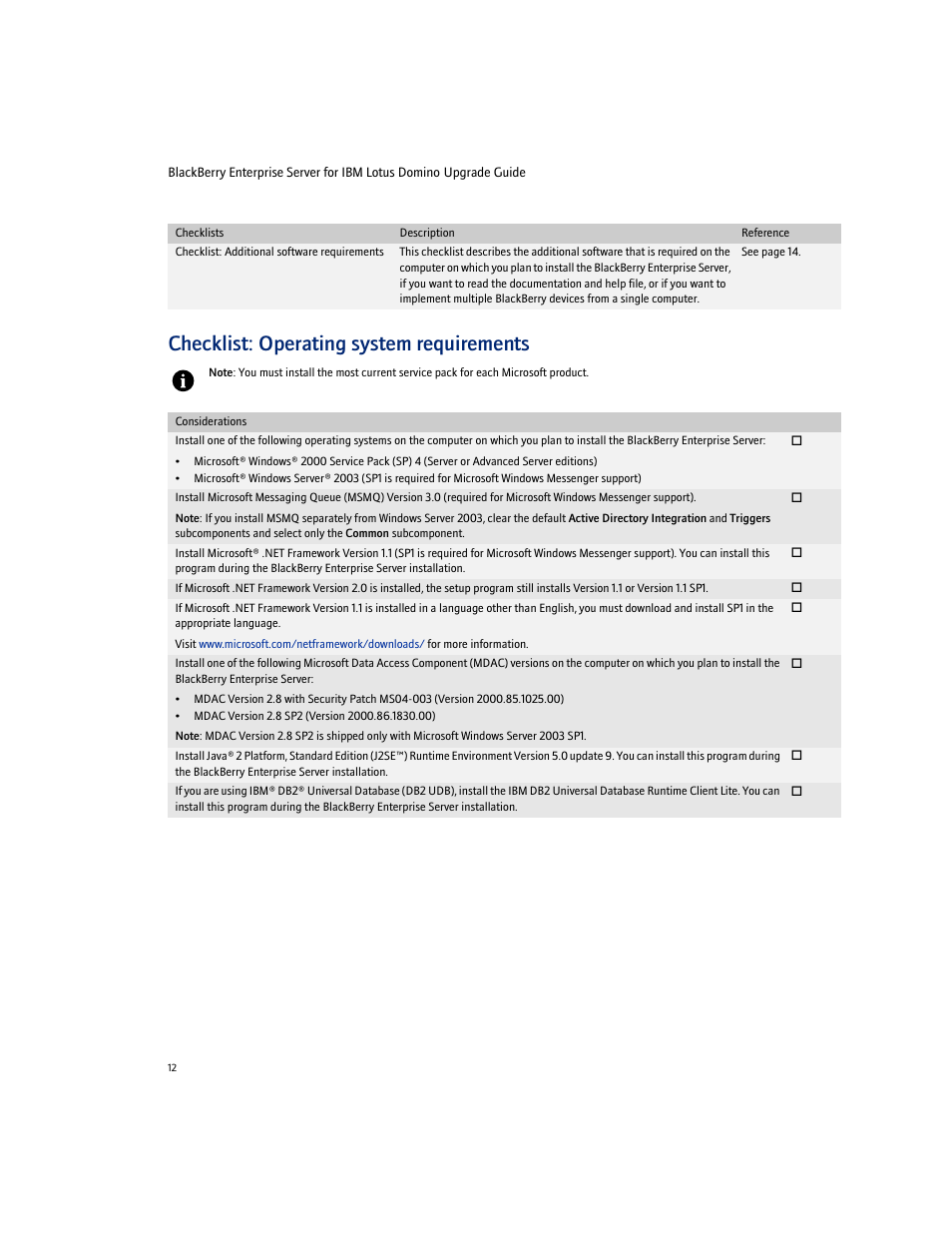 Checklist: operating system requirements | Blackberry Enterprise Server User Manual | Page 12 / 40