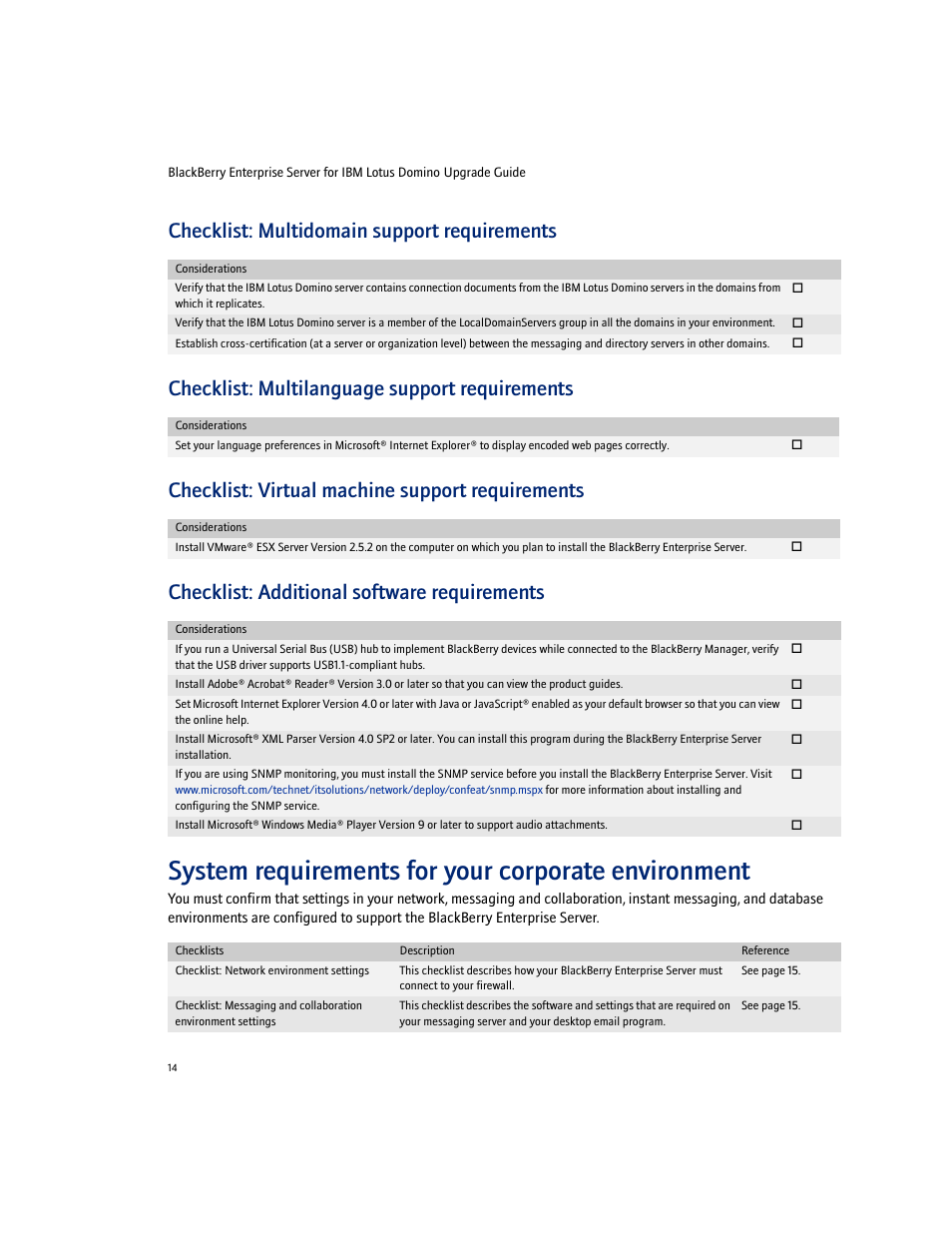 Checklist: multidomain support requirements, Checklist: multilanguage support requirements, Checklist: virtual machine support requirements | Checklist: additional software requirements, System requirements for your corporate environment | Blackberry Enterprise Server User Manual | Page 14 / 40
