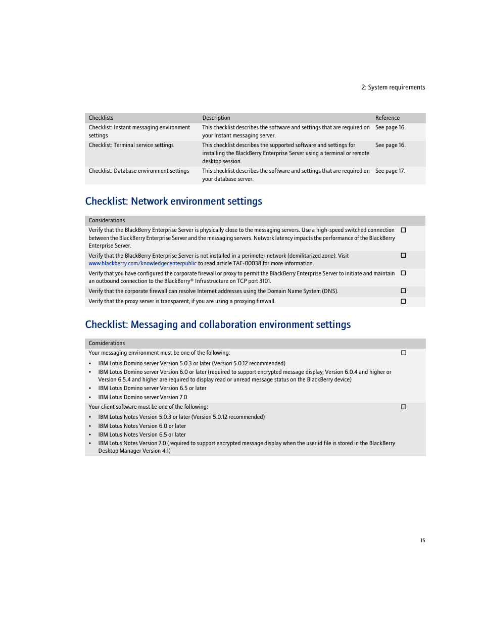 Checklist: network environment settings | Blackberry Enterprise Server User Manual | Page 15 / 40