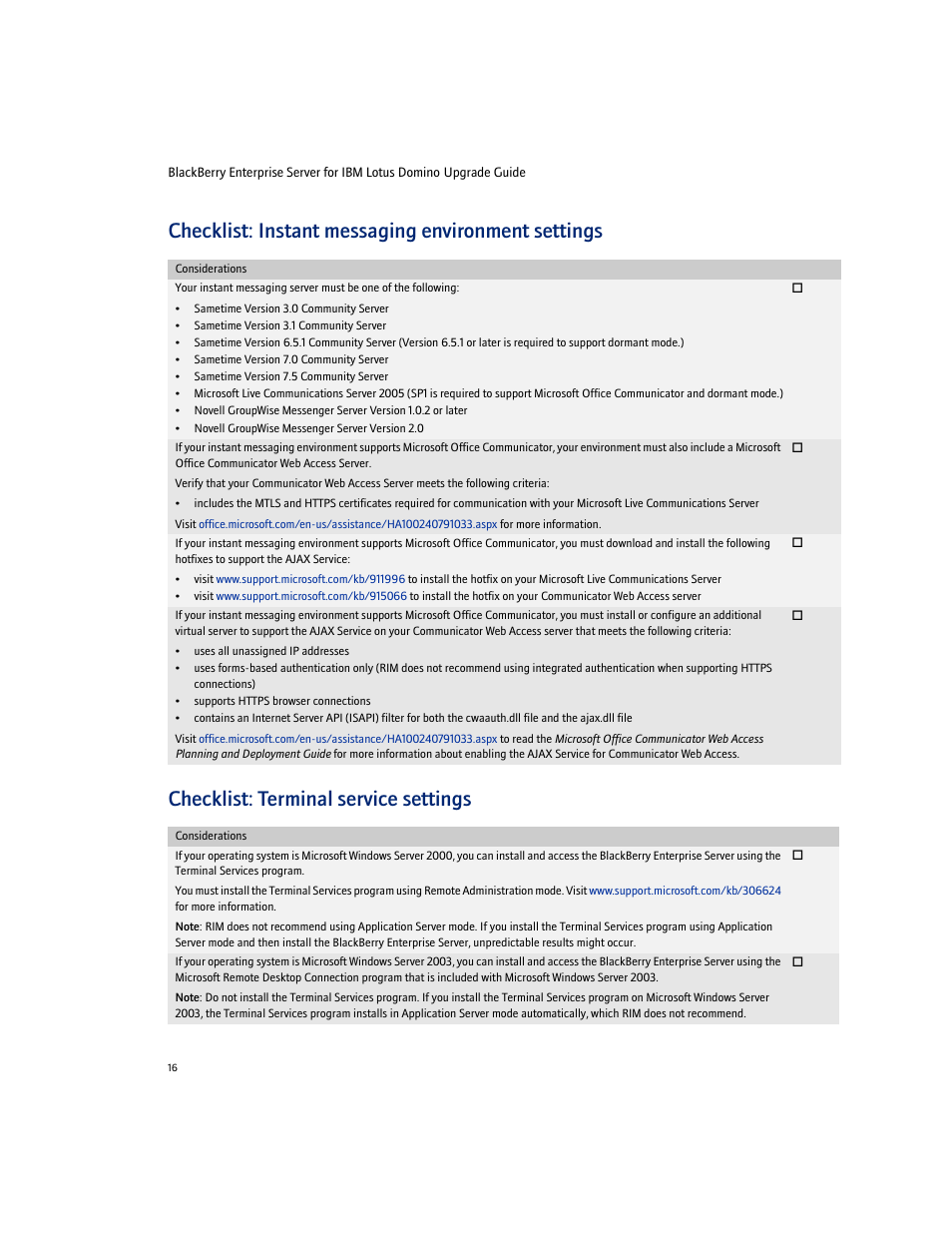 Checklist: instant messaging environment settings, Checklist: terminal service settings | Blackberry Enterprise Server User Manual | Page 16 / 40