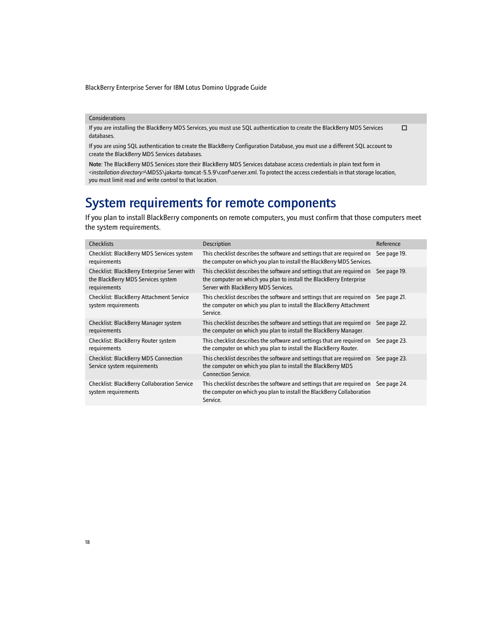 System requirements for remote components | Blackberry Enterprise Server User Manual | Page 18 / 40