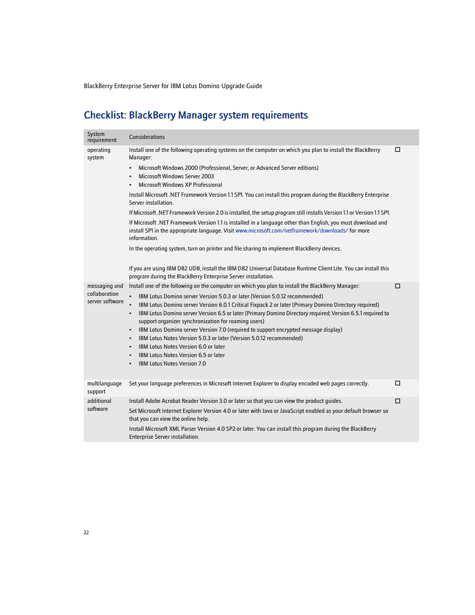 Checklist: blackberry manager system requirements | Blackberry Enterprise Server User Manual | Page 22 / 40