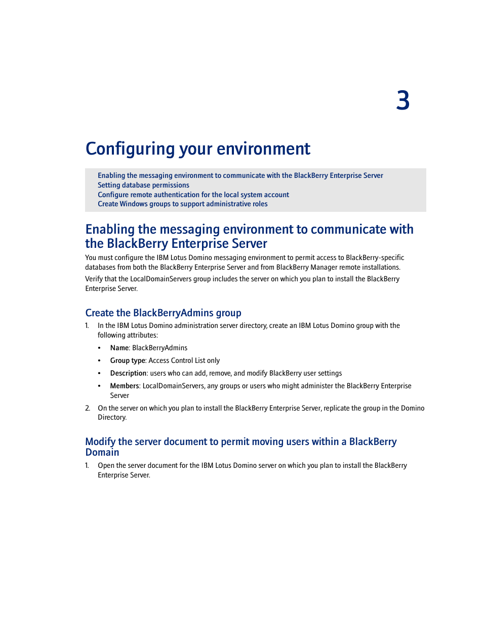 Configuring your environment, Create the blackberryadmins group | Blackberry Enterprise Server User Manual | Page 25 / 40