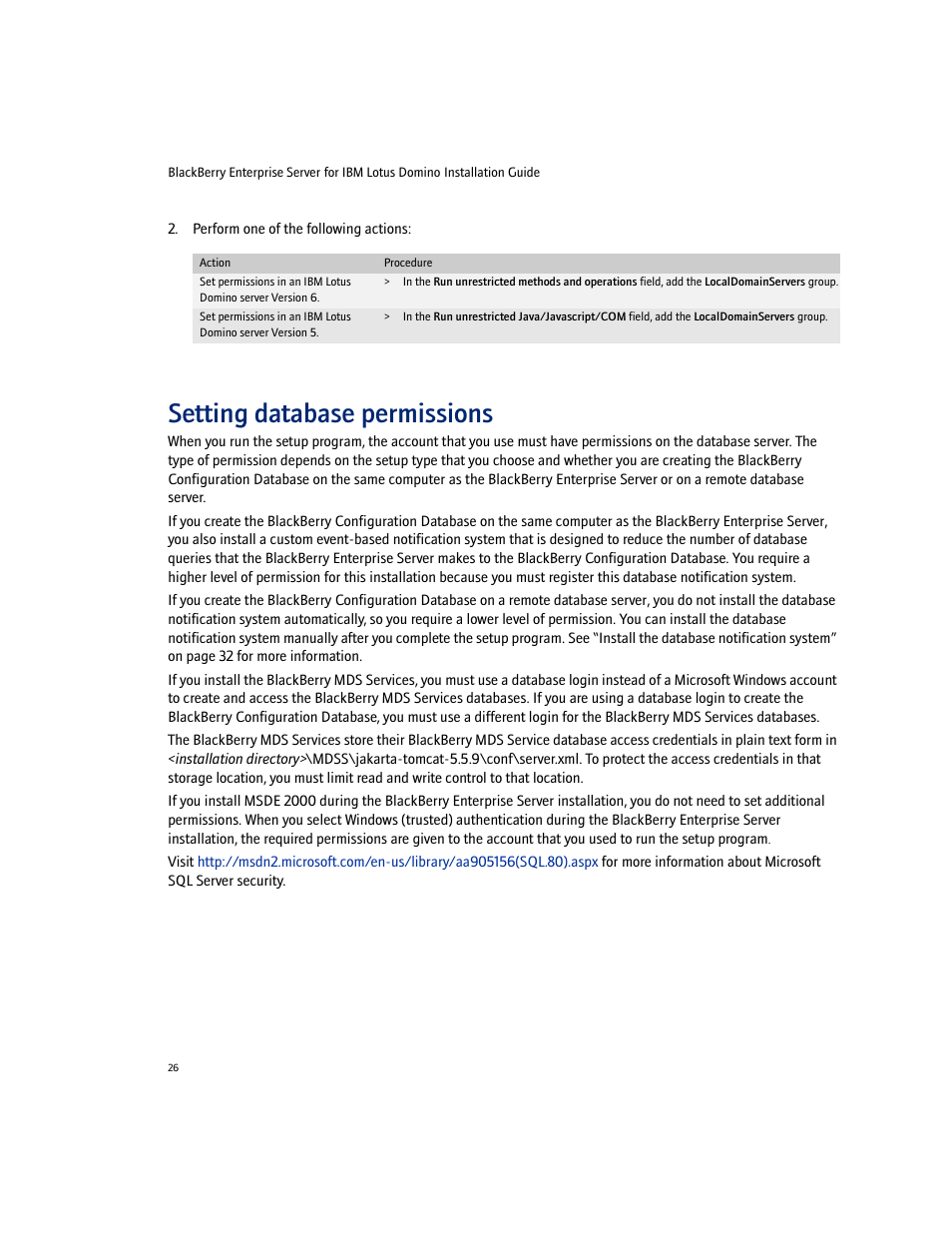 Setting database permissions | Blackberry Enterprise Server User Manual | Page 26 / 40
