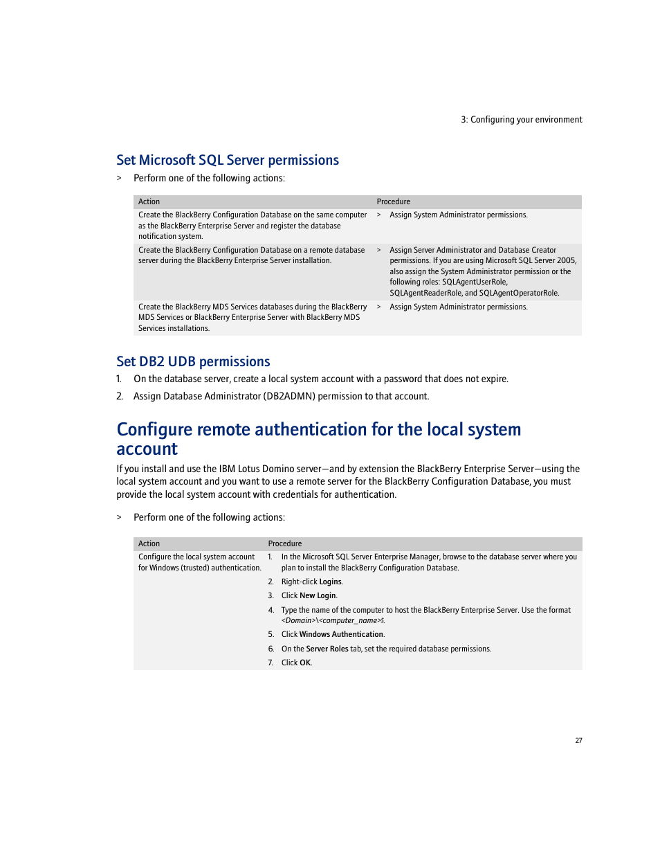 Set microsoft sql server permissions, Set db2 udb permissions | Blackberry Enterprise Server User Manual | Page 27 / 40