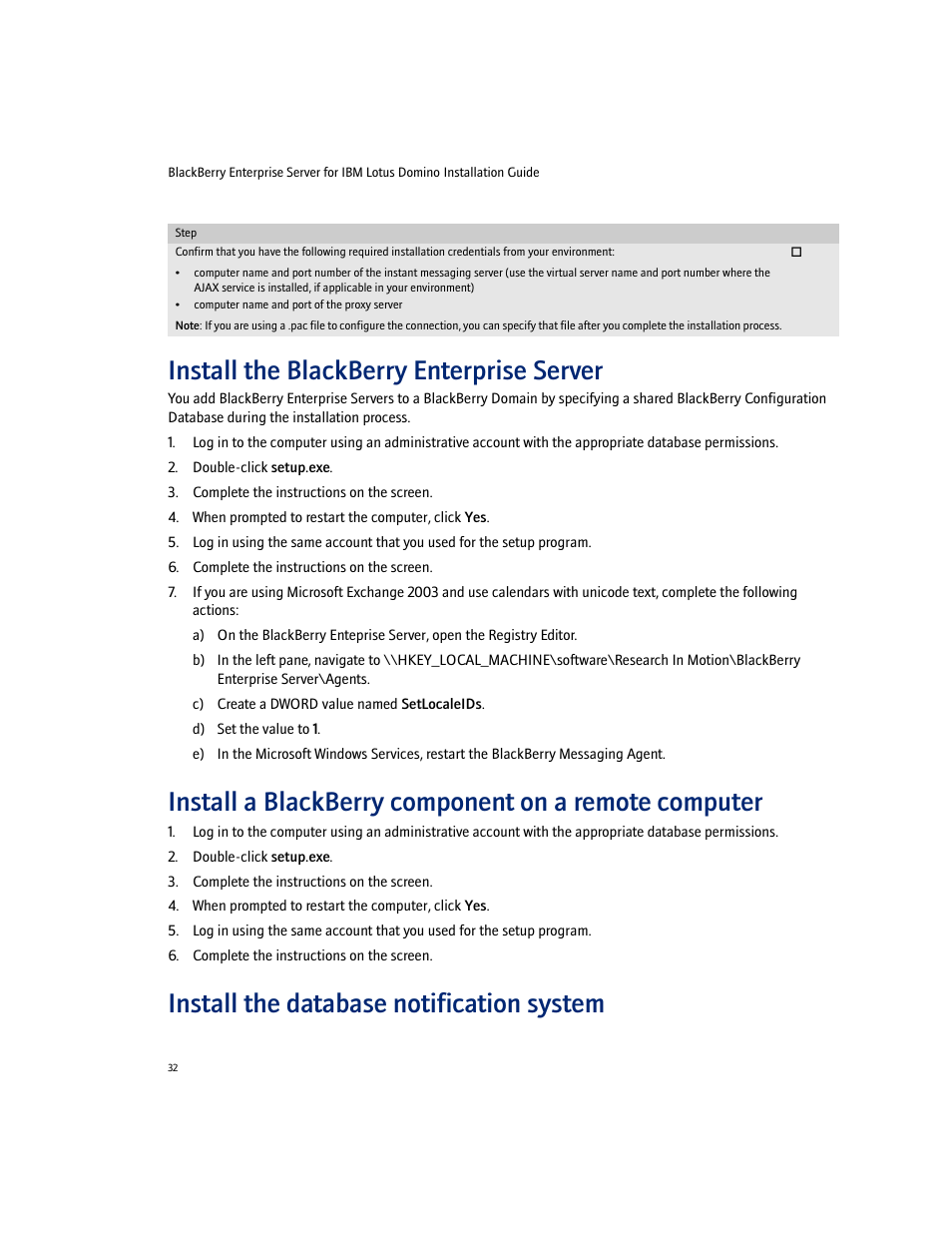 Install the blackberry enterprise server, Install the database notification system | Blackberry Enterprise Server User Manual | Page 32 / 40