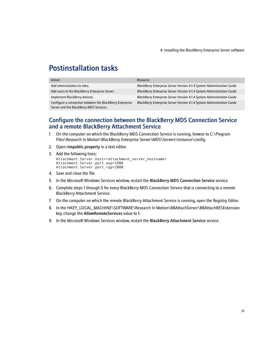 Postinstallation tasks | Blackberry Enterprise Server User Manual | Page 35 / 40