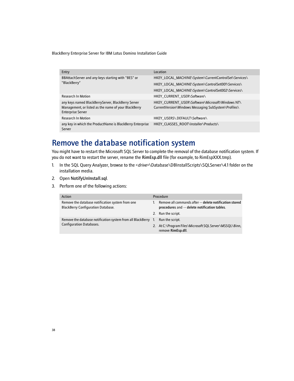 Remove the database notification system | Blackberry Enterprise Server User Manual | Page 38 / 40