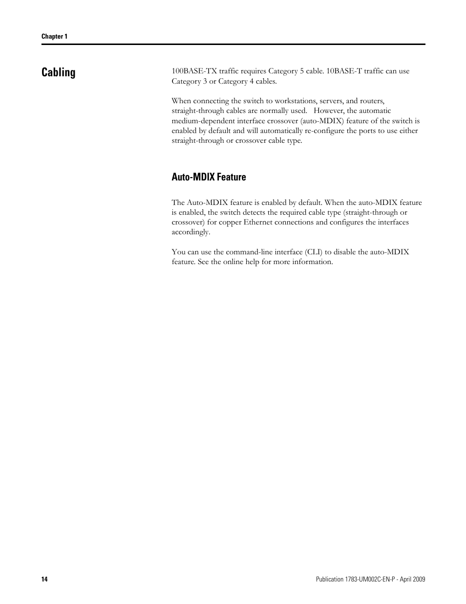 Cabling, Auto-mdix feature | Rockwell Tools STRATIX 8000 ETHERNET 1783-MS10T User Manual | Page 14 / 92