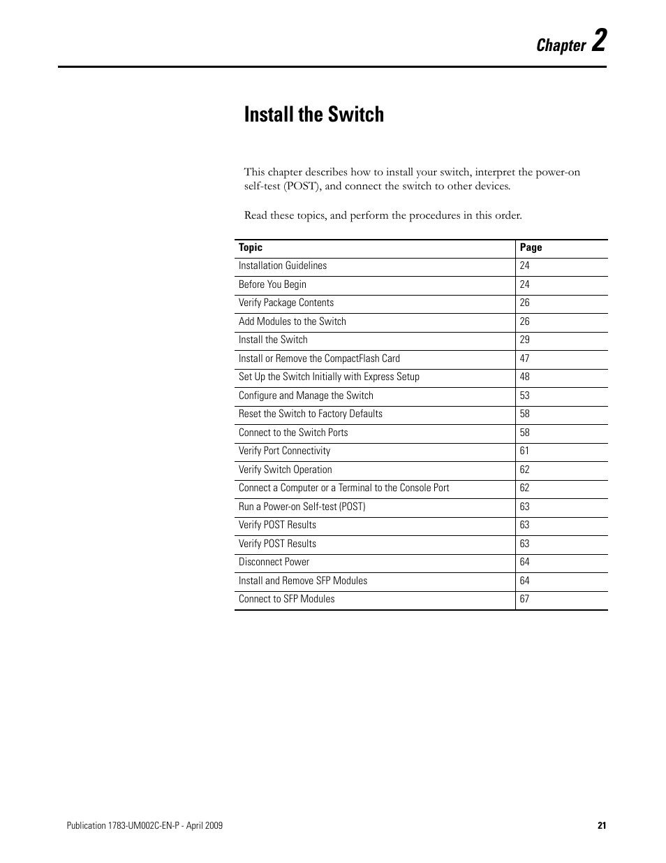 2 - install the switch, Chapter 2, Install the switch | Chapter | Rockwell Tools STRATIX 8000 ETHERNET 1783-MS10T User Manual | Page 21 / 92