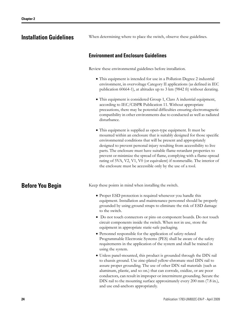 Installation guidelines, Environment and enclosure guidelines, Before you begin | Rockwell Tools STRATIX 8000 ETHERNET 1783-MS10T User Manual | Page 24 / 92