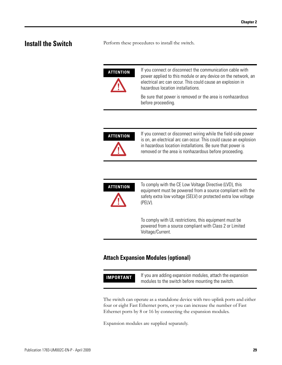 Install the switch, Attach expansion modules (optional) | Rockwell Tools STRATIX 8000 ETHERNET 1783-MS10T User Manual | Page 29 / 92