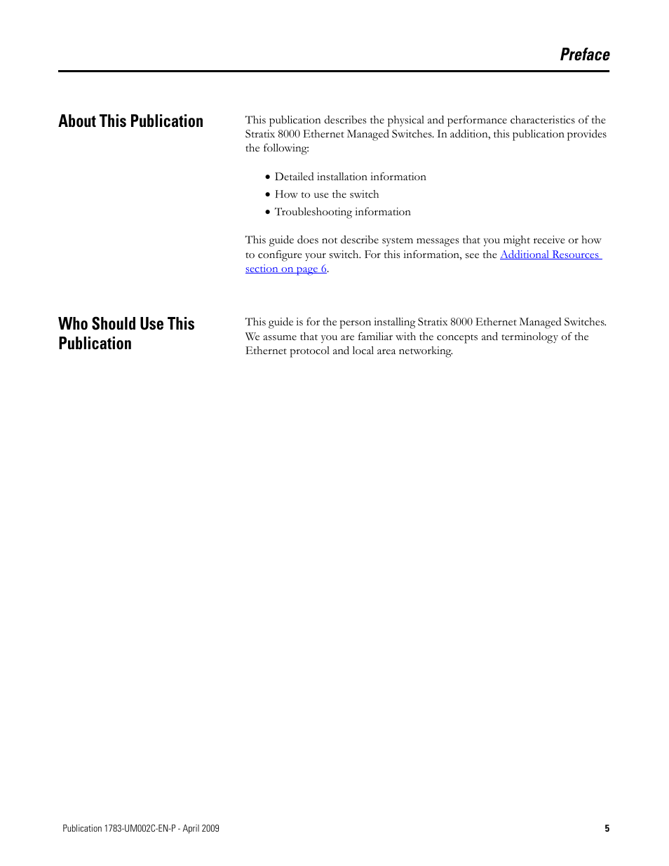 Preface, About this publication, Who should use this publication | Preface about this publication | Rockwell Tools STRATIX 8000 ETHERNET 1783-MS10T User Manual | Page 3 / 92