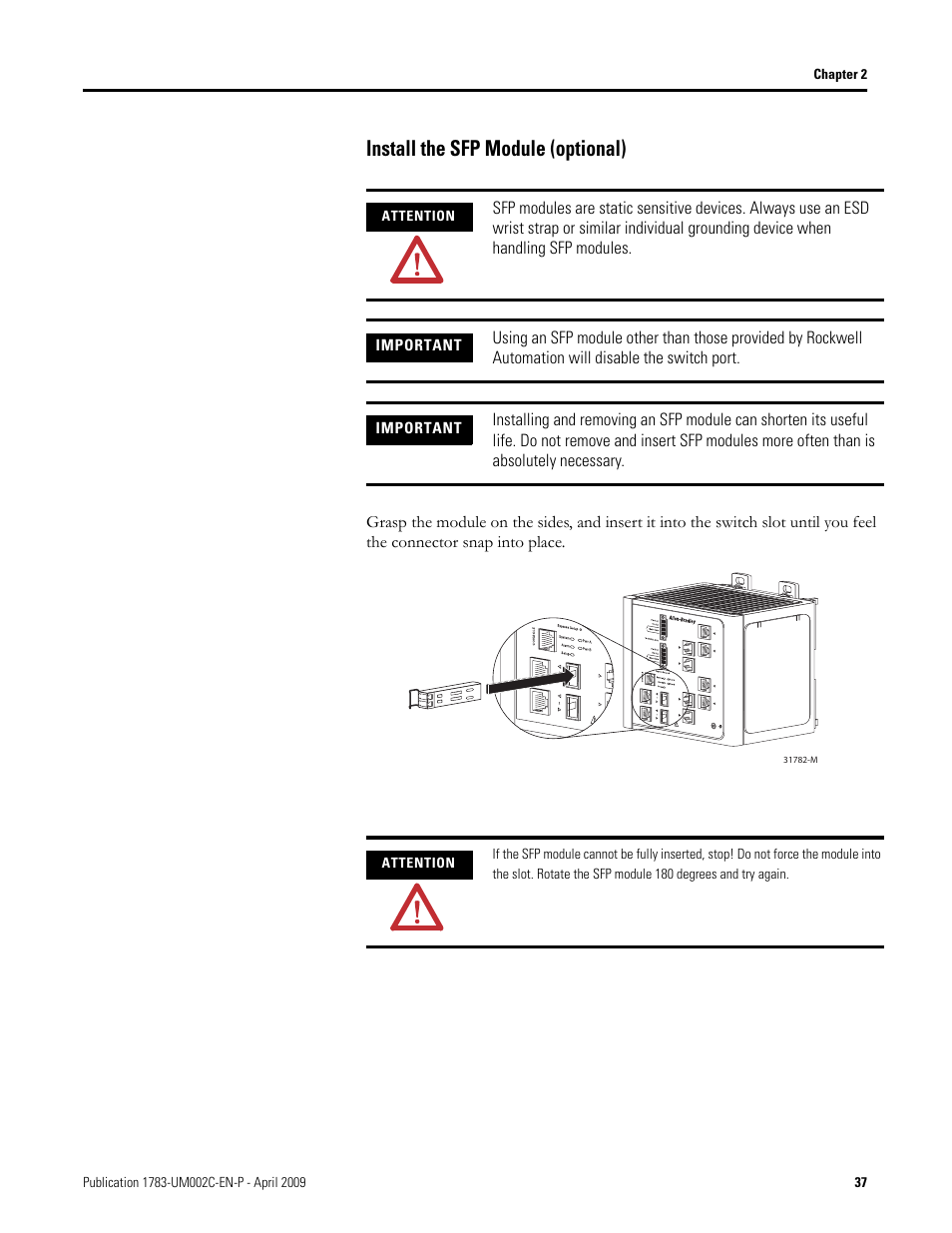 Install the sfp module (optional) | Rockwell Tools STRATIX 8000 ETHERNET 1783-MS10T User Manual | Page 37 / 92