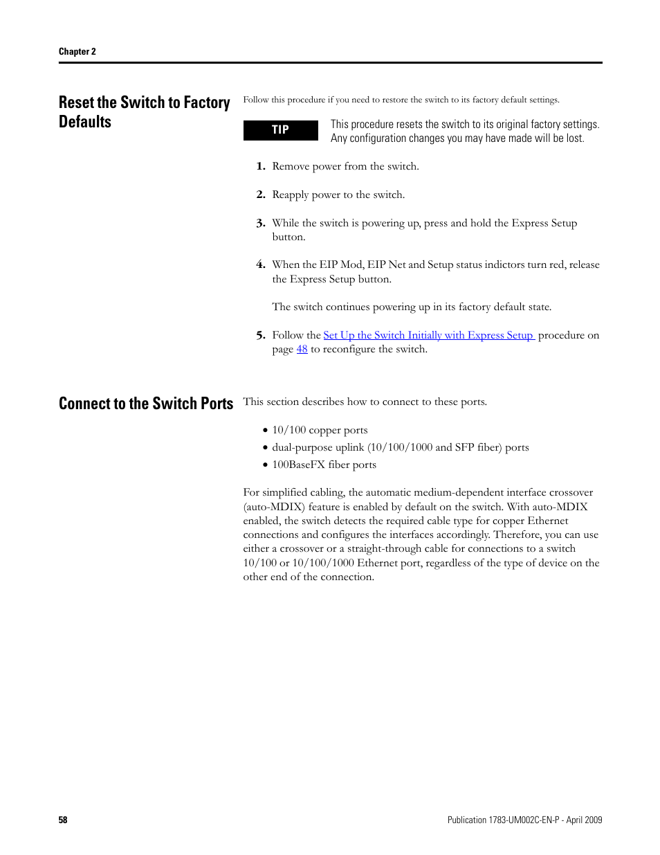 Reset the switch to factory defaults, Connect to the switch ports | Rockwell Tools STRATIX 8000 ETHERNET 1783-MS10T User Manual | Page 58 / 92