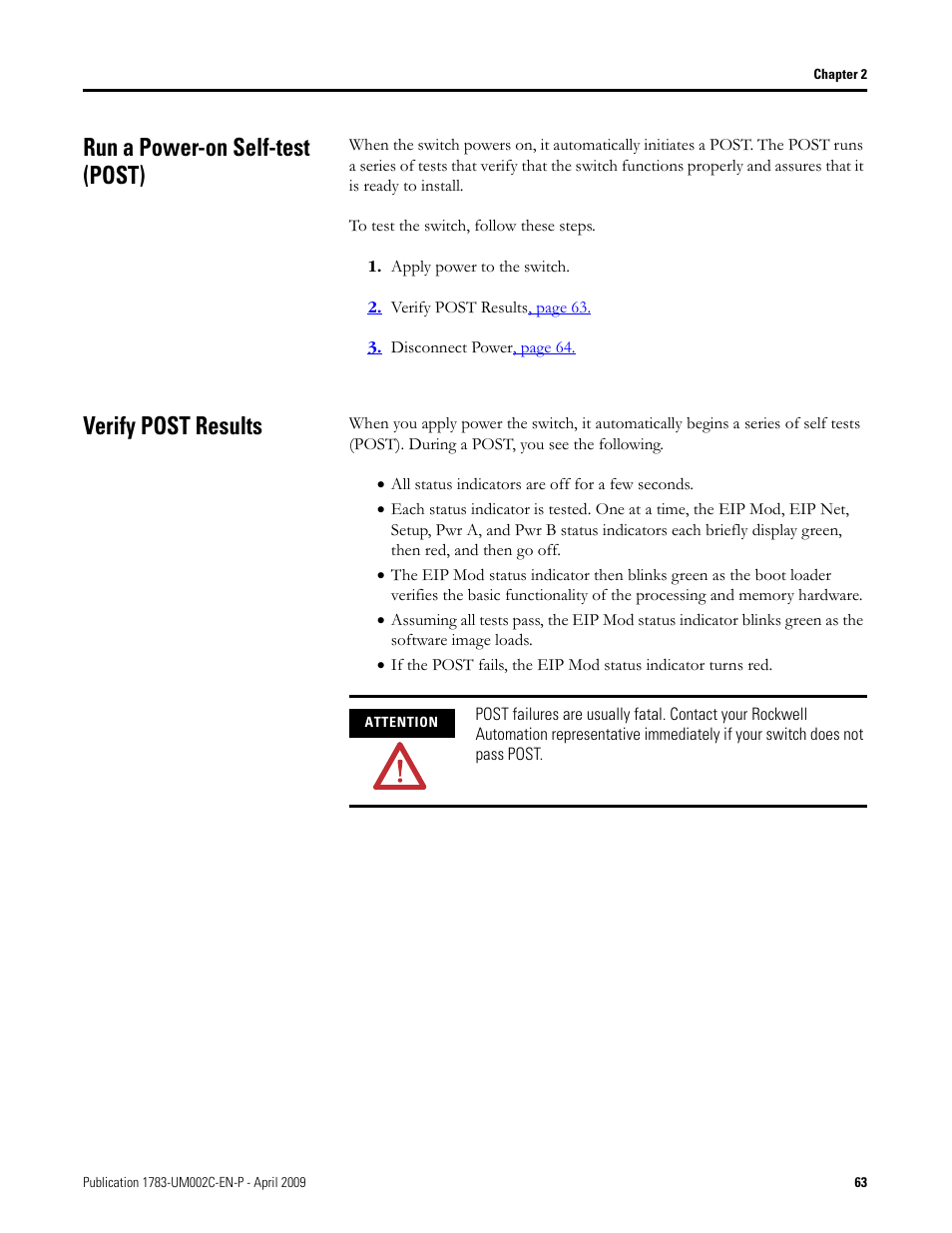 Run a power-on self-test (post), Verify post results | Rockwell Tools STRATIX 8000 ETHERNET 1783-MS10T User Manual | Page 63 / 92