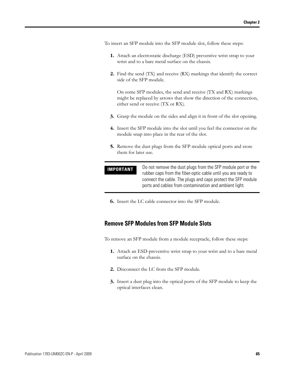 Remove sfp modules from sfp module slots | Rockwell Tools STRATIX 8000 ETHERNET 1783-MS10T User Manual | Page 65 / 92