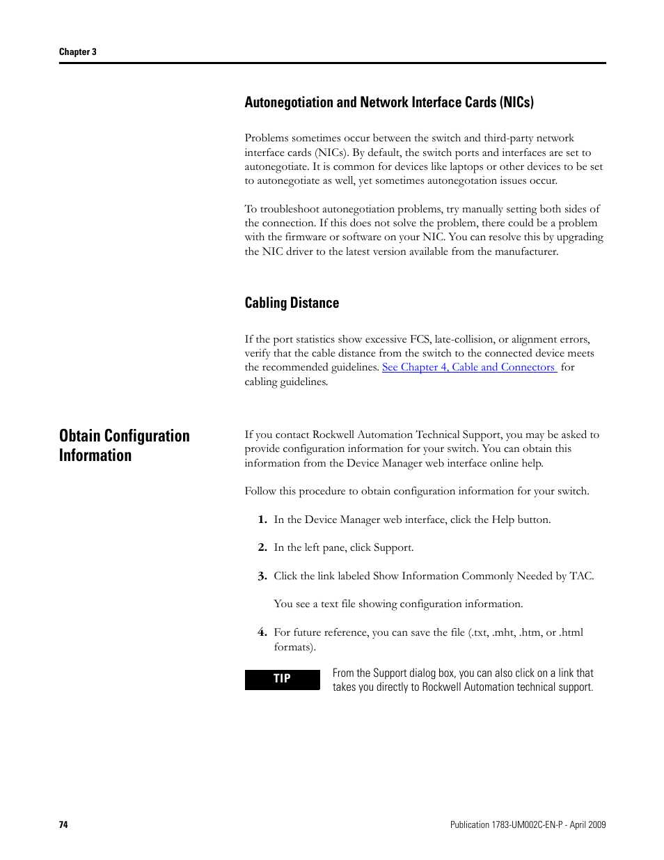 Autonegotiation and network interface cards (nics), Cabling distance, Obtain configuration information | Obtain configurtion information | Rockwell Tools STRATIX 8000 ETHERNET 1783-MS10T User Manual | Page 74 / 92