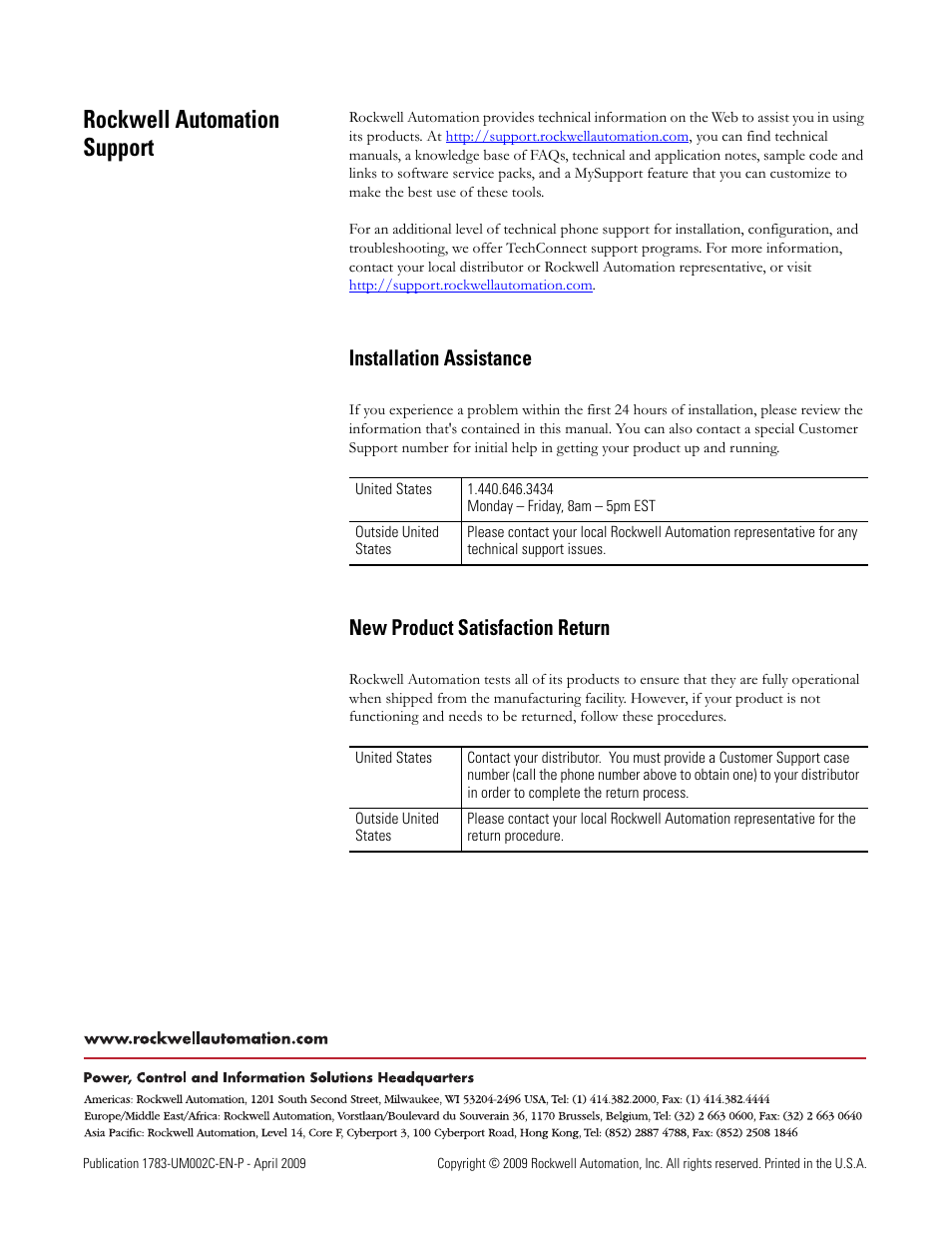 Installation assistance, New product satisfaction return, Back cover | Rockwell automation support | Rockwell Tools STRATIX 8000 ETHERNET 1783-MS10T User Manual | Page 92 / 92