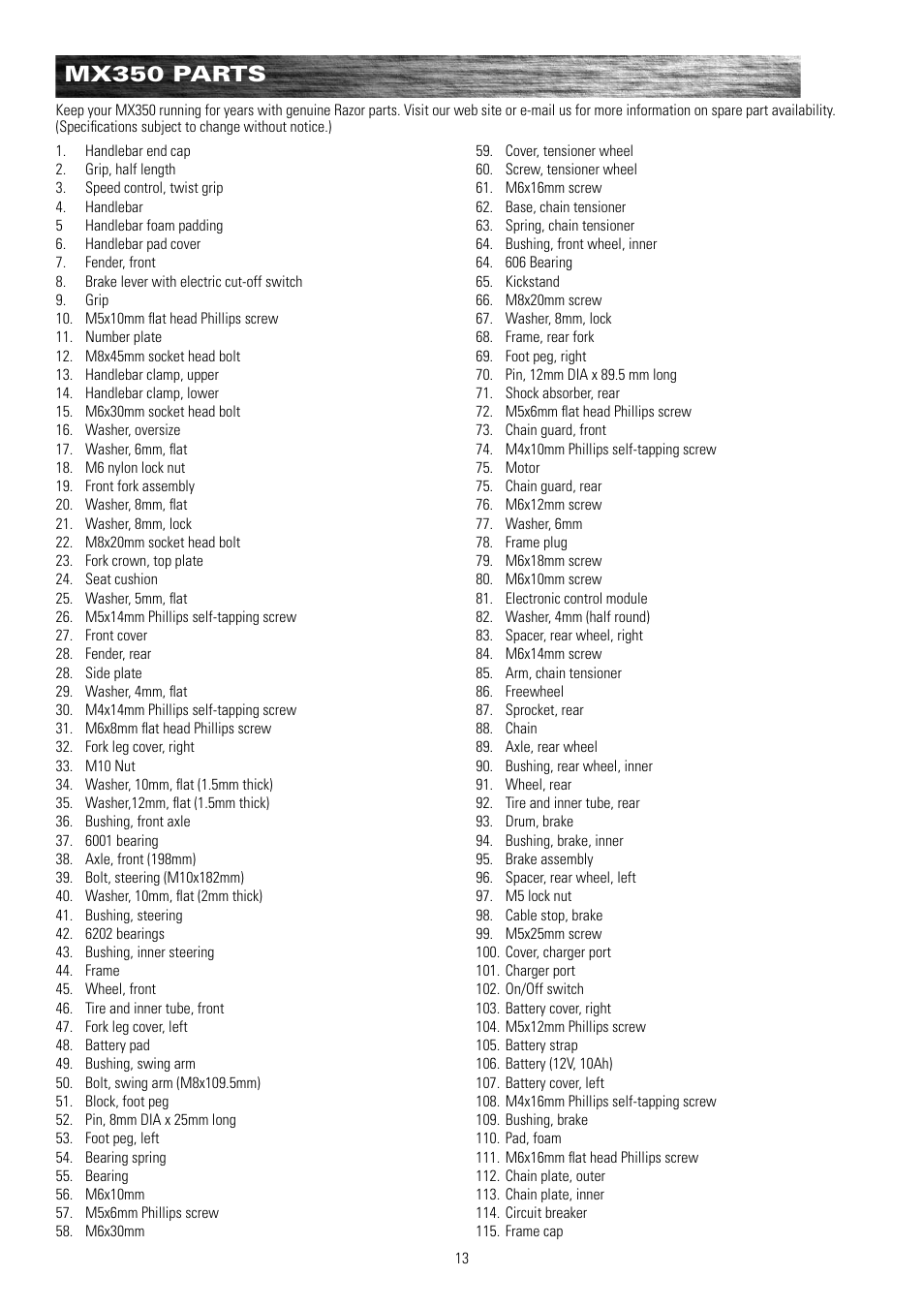 Mx350 parts | Razor MX500 15128190 User Manual | Page 14 / 18