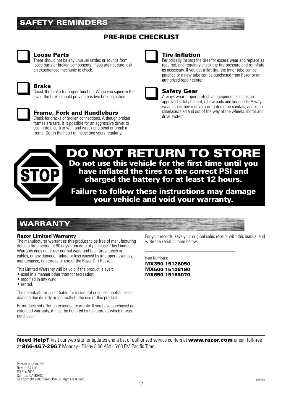 Q q q q, Do not return to store | Razor MX500 15128190 User Manual | Page 18 / 18
