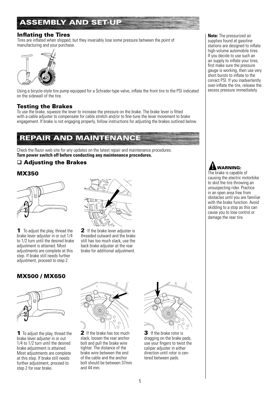 Repair and maintenance, Assembly and set-up | Razor MX500 15128190 User Manual | Page 6 / 18