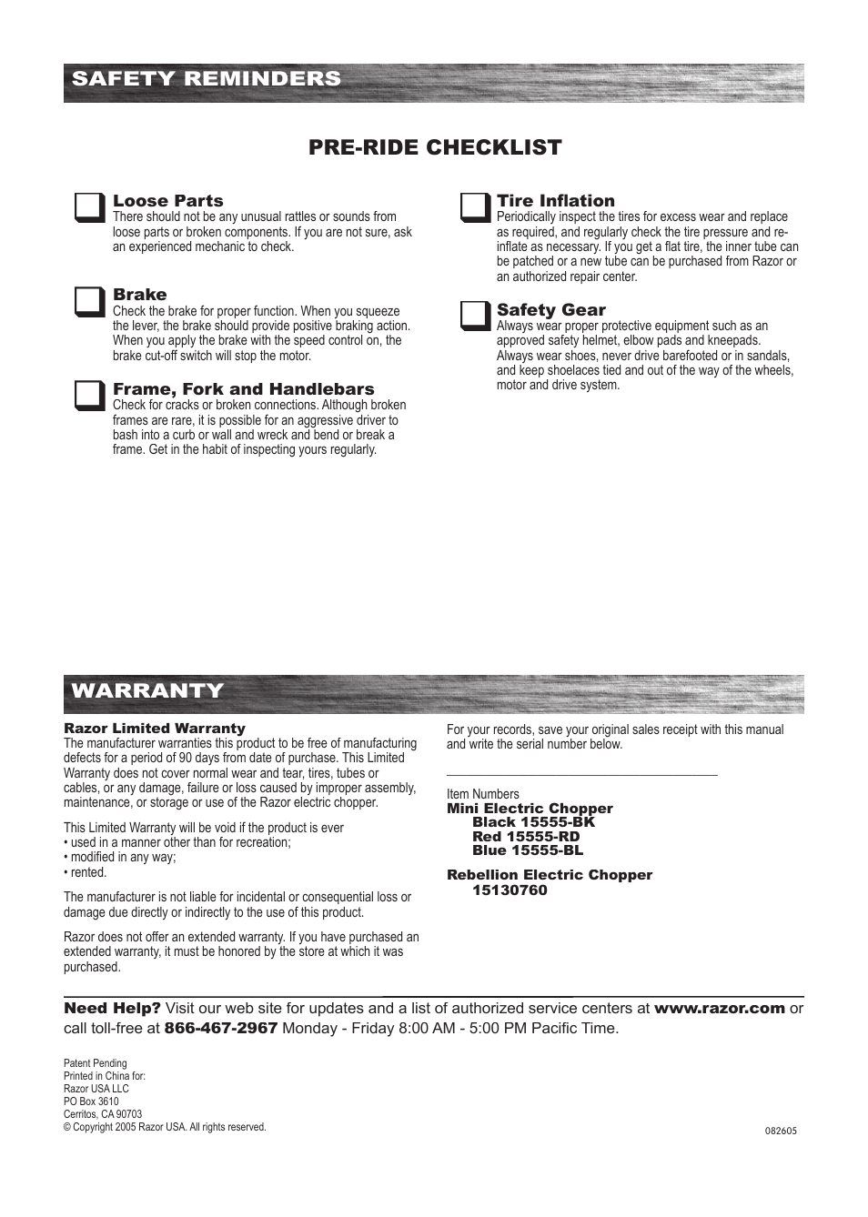 Pre-ride checklist, Warranty, Safety reminders | Razor MINI ELECTRIC CHOPPER 15130760 User Manual | Page 16 / 17