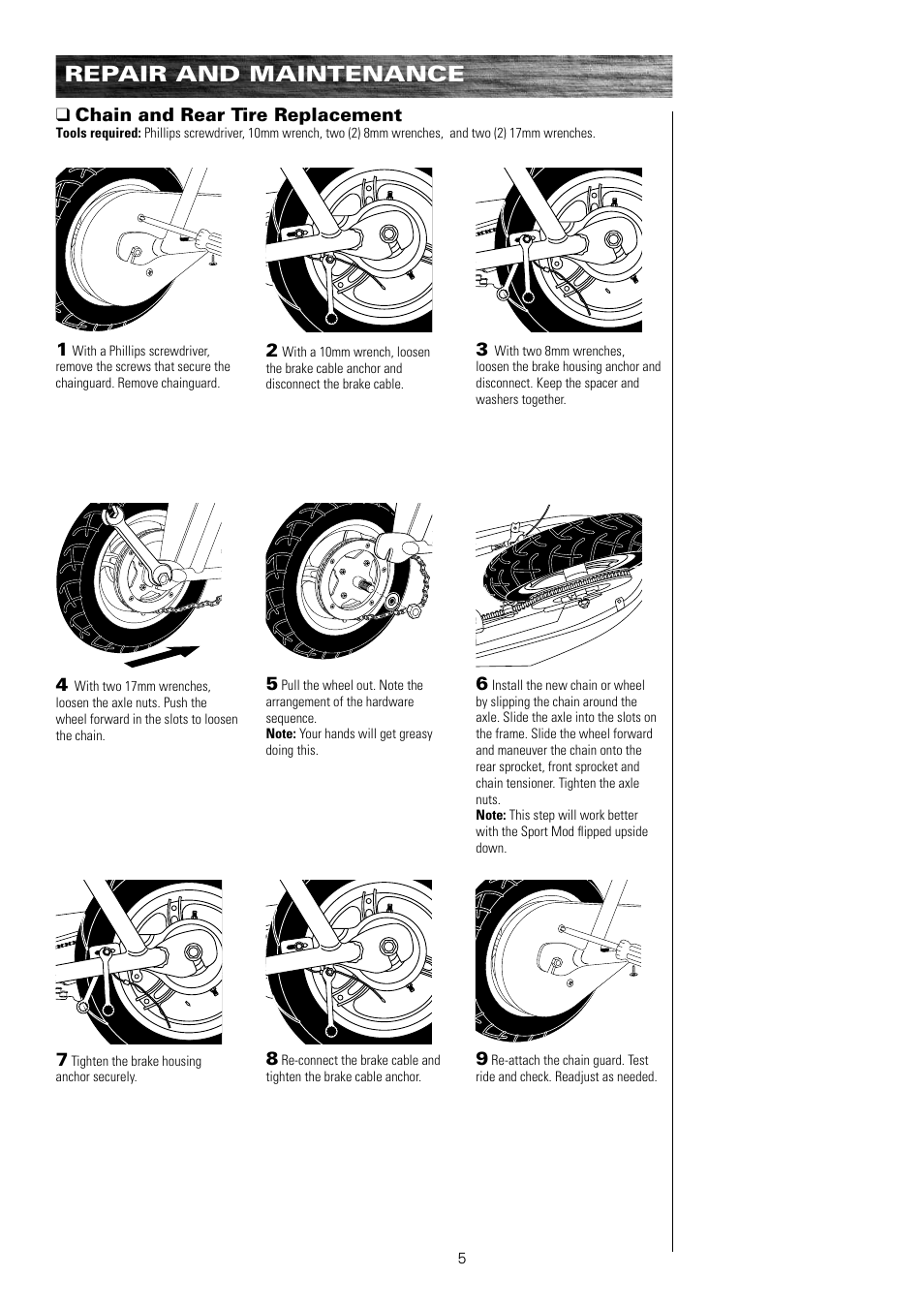 Repair and maintenance, Qchain and rear tire replacement | Razor SPORTMOD 15130412 User Manual | Page 6 / 13