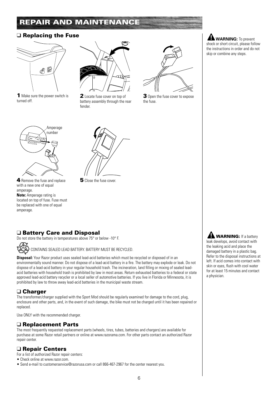 Repair and maintenance, Qbattery care and disposal, Qcharger | Qreplacement parts, Qrepair centers, Qreplacing the fuse | Razor SPORTMOD 15130412 User Manual | Page 7 / 13