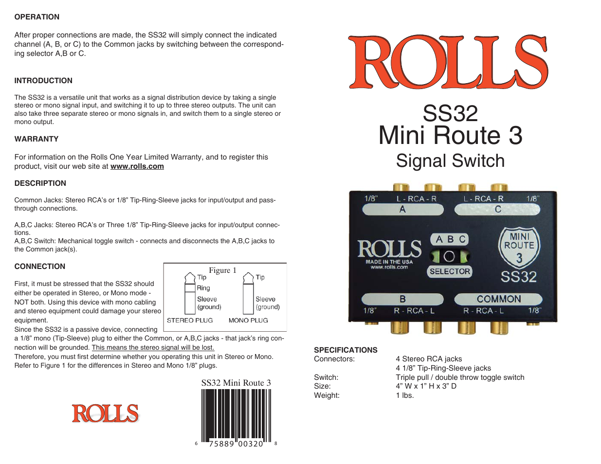 Rolls SS32 User Manual | 1 page