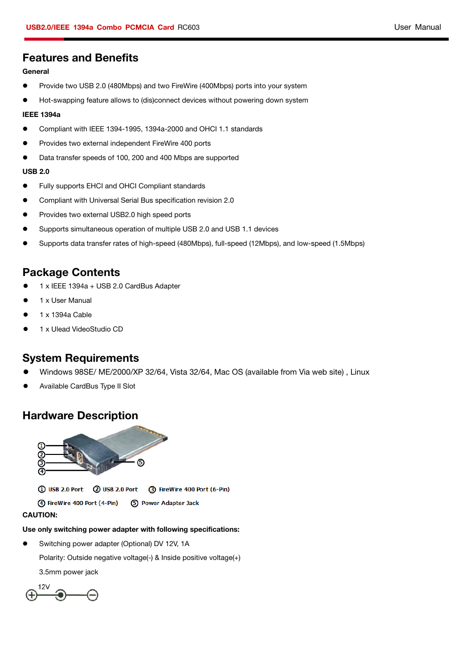 Features and benefits, Package contents, System requirements | Hardware description | Rosewill RC603 User Manual | Page 2 / 3