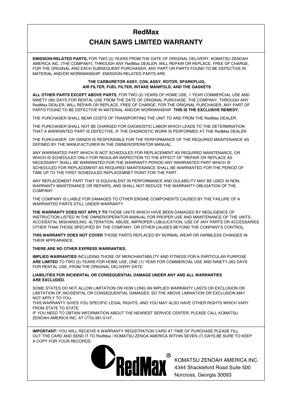 Redmax chain saws limited warranty | RedMax G3200EZ User Manual | Page 38 / 40