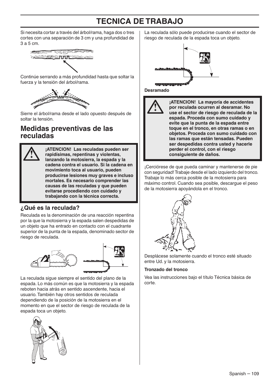 Tecnica de trabajo, Medidas preventivas de las reculadas | RedMax G5300 User Manual | Page 109 / 128