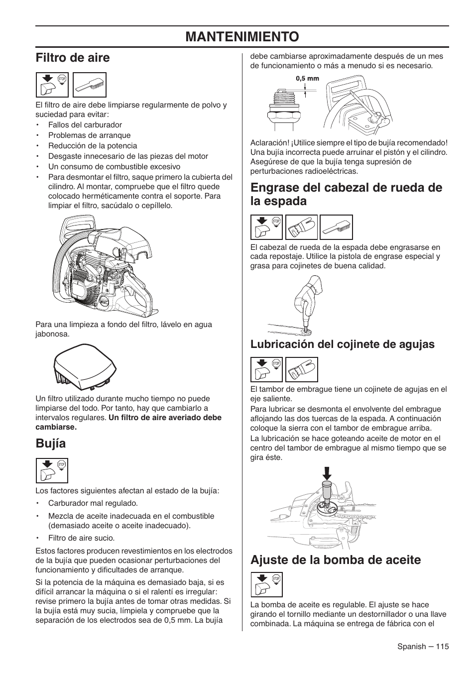 Mantenimiento, Filtro de aire, Bujía | Engrase del cabezal de rueda de la espada, Ajuste de la bomba de aceite, Lubricación del cojinete de agujas | RedMax G5300 User Manual | Page 115 / 128