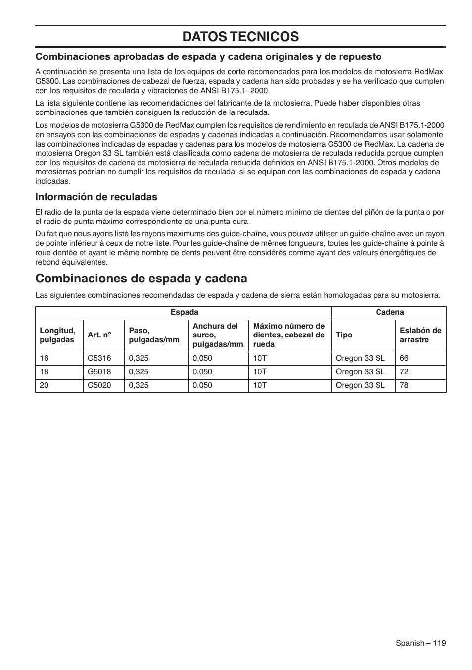 Datos tecnicos, Combinaciones de espada y cadena, Información de reculadas | RedMax G5300 User Manual | Page 119 / 128