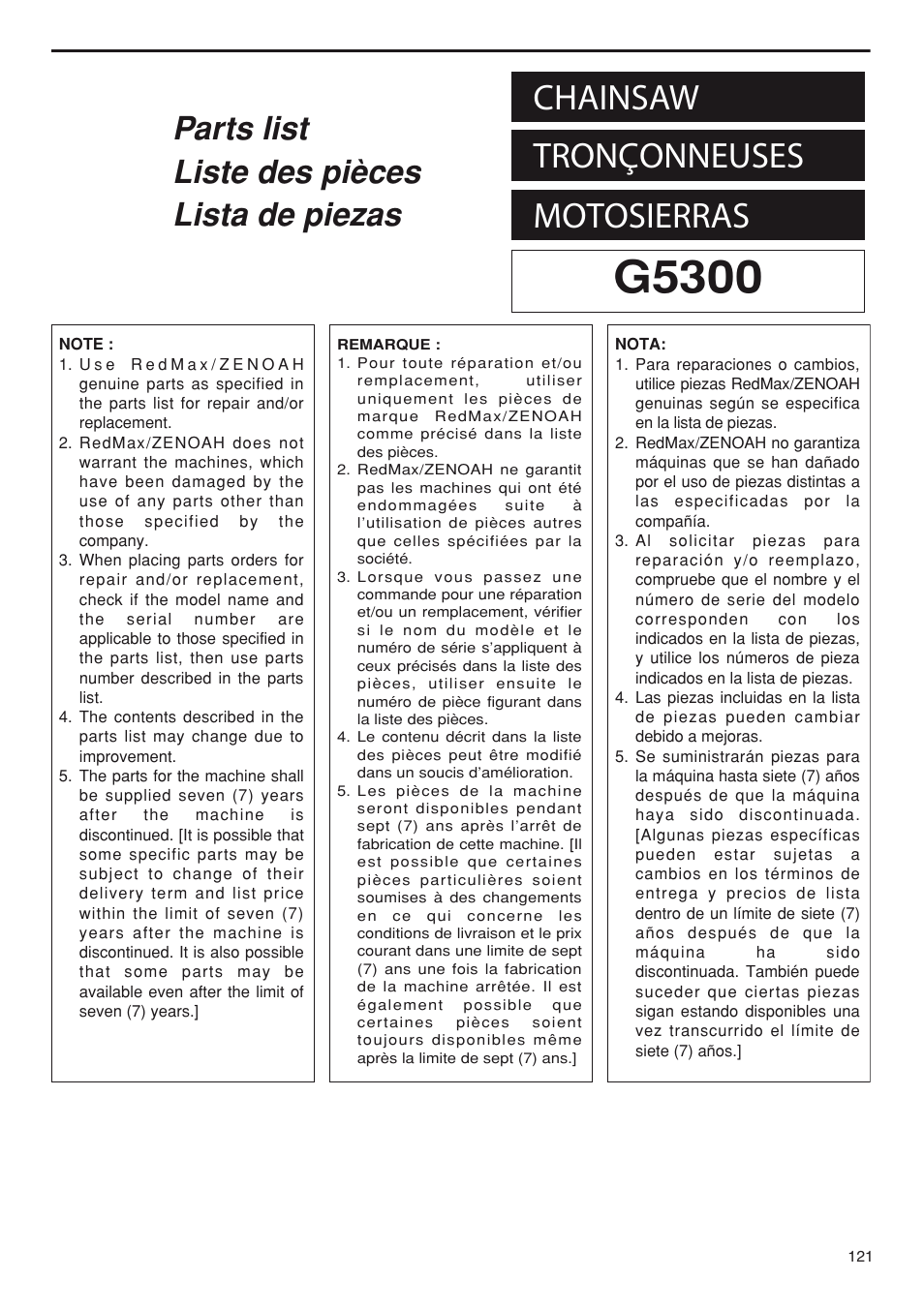 G5300, Chainsaw tronçonneuses motosierras | RedMax G5300 User Manual | Page 121 / 128