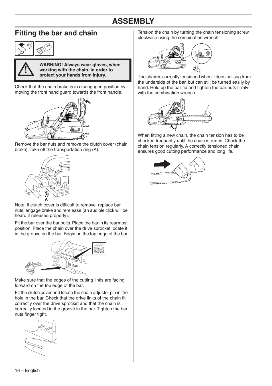 Assembly, Fitting the bar and chain | RedMax G5300 User Manual | Page 16 / 128