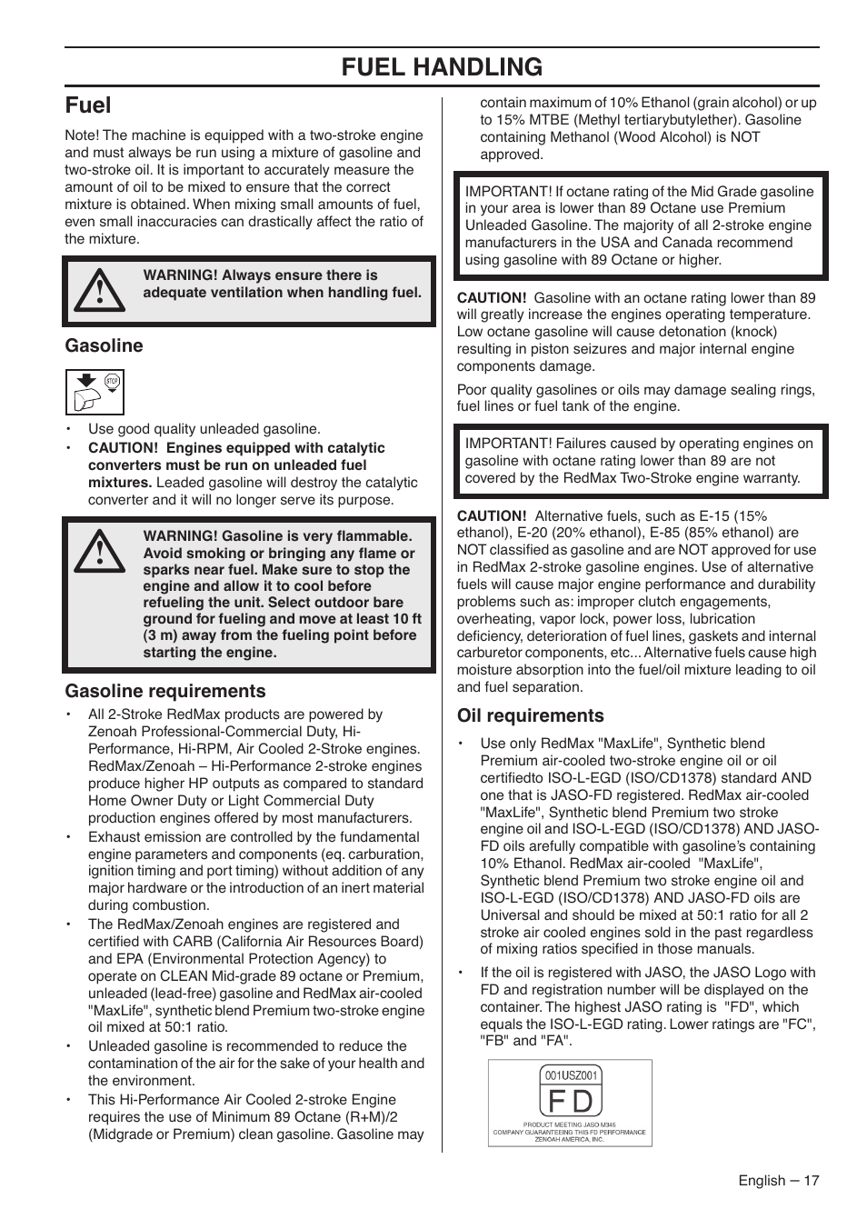 Fuel handling, Fuel | RedMax G5300 User Manual | Page 17 / 128