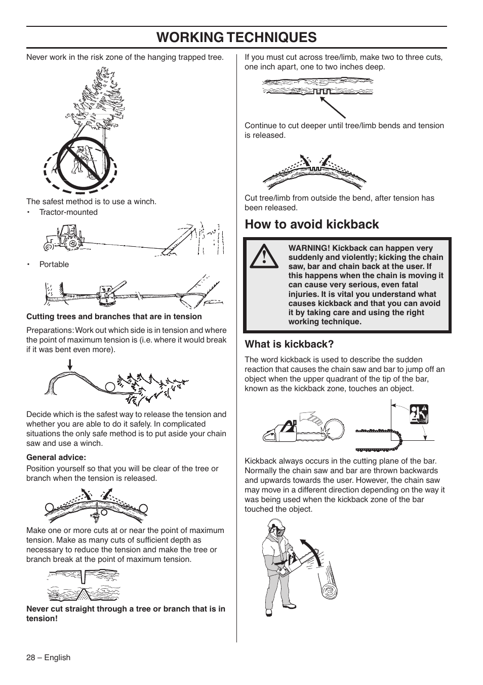 Working techniques, How to avoid kickback | RedMax G5300 User Manual | Page 28 / 128