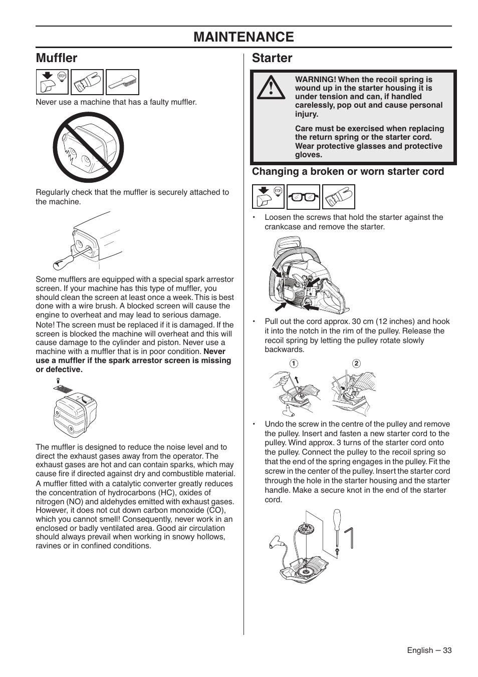 Maintenance, Mufﬂer, Starter | RedMax G5300 User Manual | Page 33 / 128